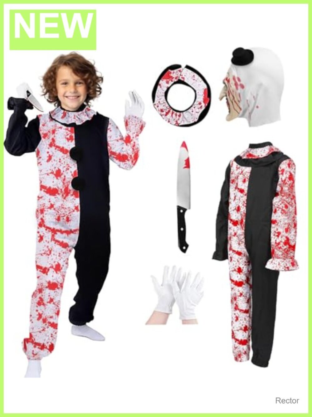 Kids Clown Costume 4Pc Scary Killer Jumpsuit Mask Knife Gloves Halloween